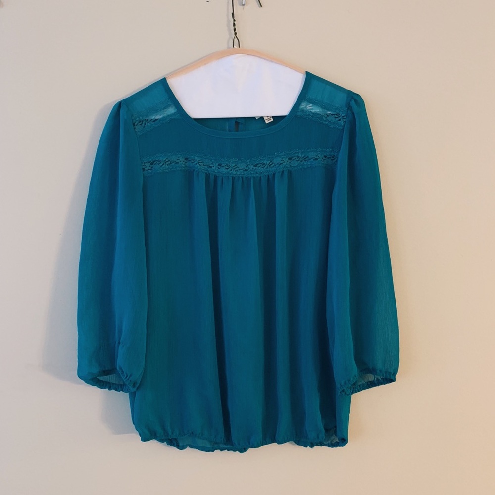 Blue silky sheer feminine boho blouse